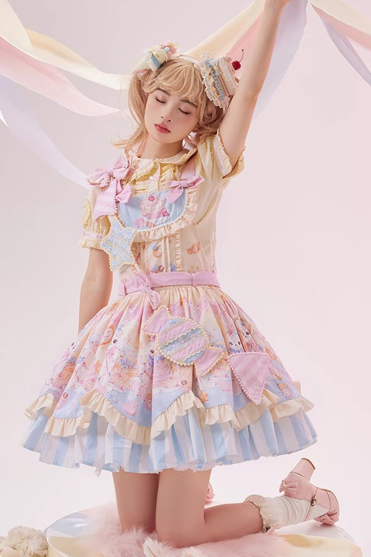 Multicolor Party Bunny Cat Printed Bow Sweet Lolita Jumper Dress