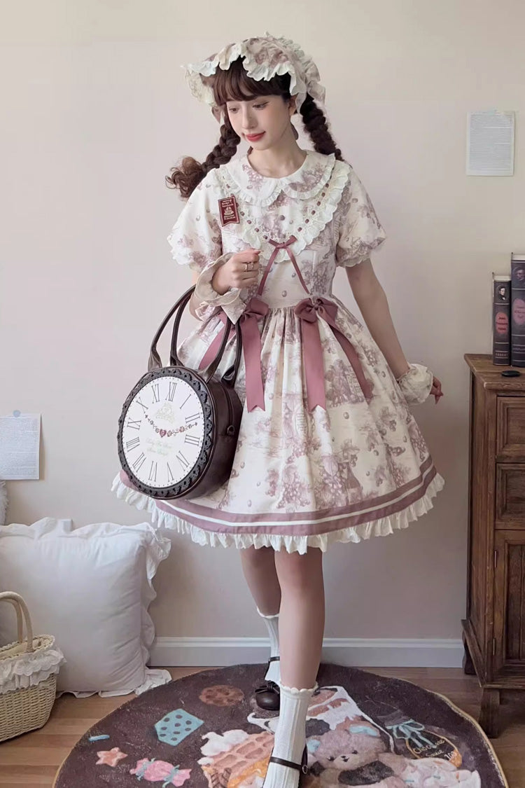 Grape Moon Almanac Short-Sleeve Multi-Layer Printed Ruffled Bow Sweet Lolita Dress