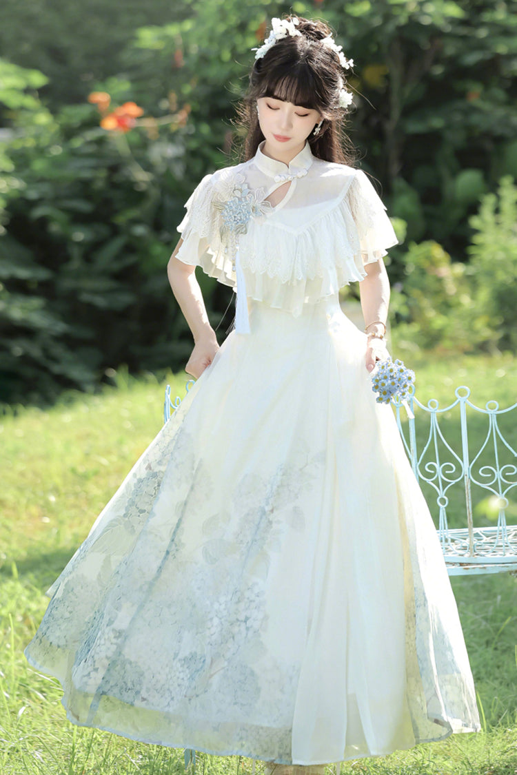 Ivory Print Ruffle Lace Chinese Elegant Dress