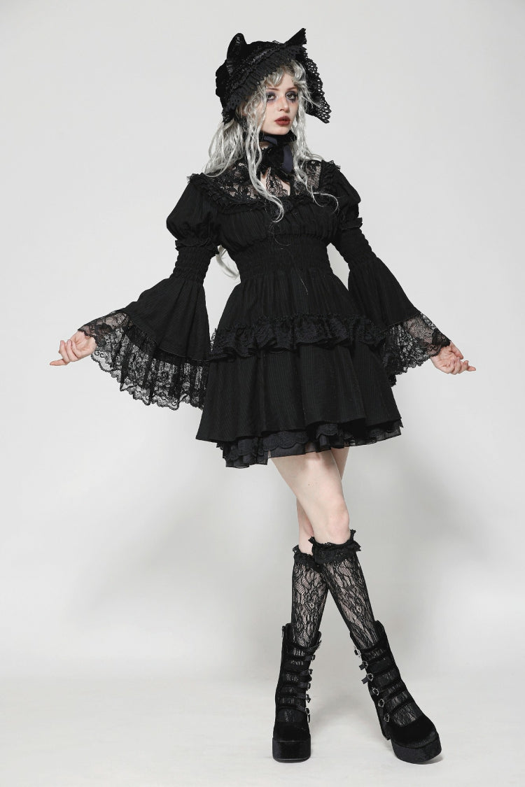 Gothic Victorian-Inspired Black Lace Ruffled High-Neck Puff-Sleeve Cutout Maxi Gown