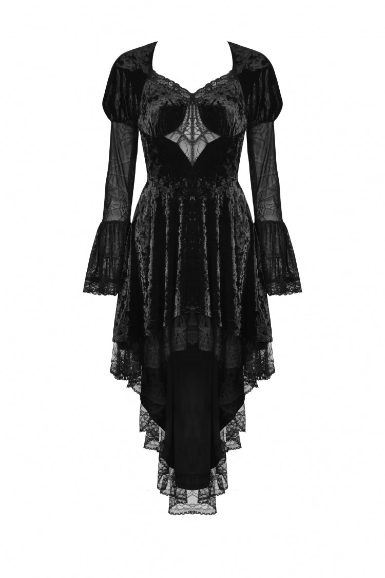 Onyx Velvet Gown with Puffed Sleeves and Asymmetric Lace Trim