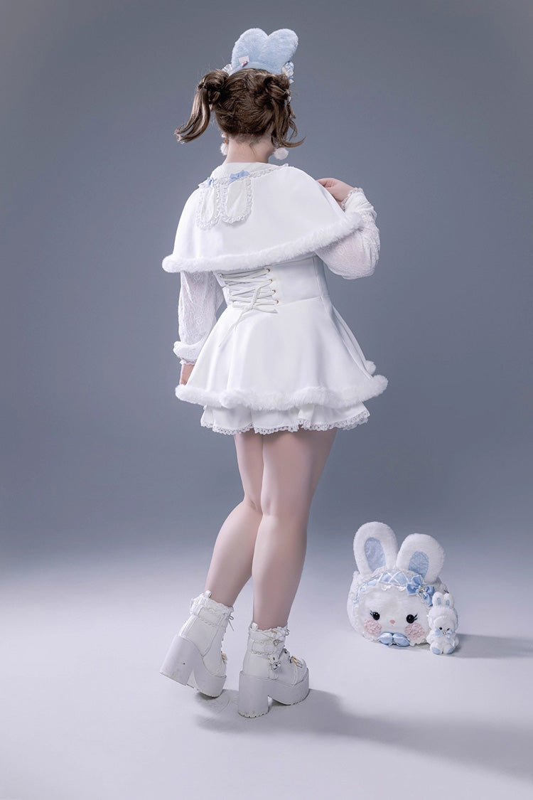 Ivory Ruffled Bow Lace-Up Jirai Dress with Plush Shorts
