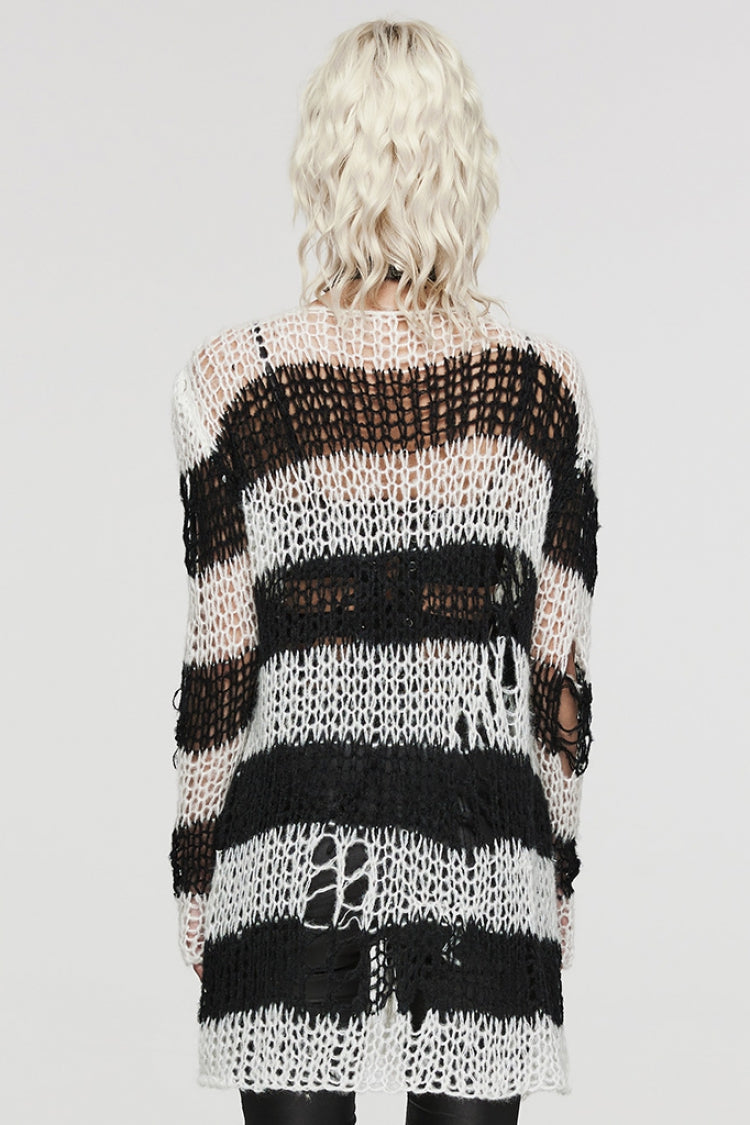 Irregular Ripped Striped Sweater with Zipper Accents