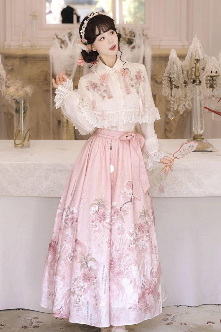 Ivory and Pink Cherry Blossom Rain Lapel Collar Long Sleeve High-Waist Printed Sweet Hanfu Dress Set
