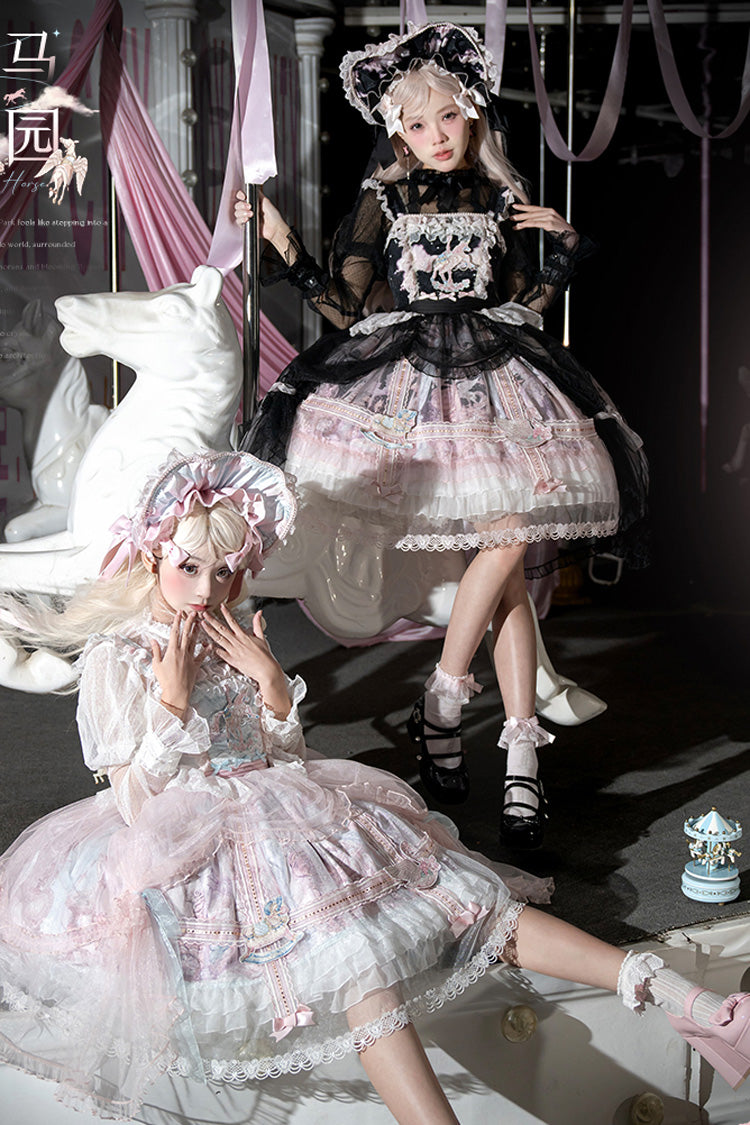 Black Pink Multi Print Ruffle Bow Lace Sweet Gorgeous Lolita Jsk Dress