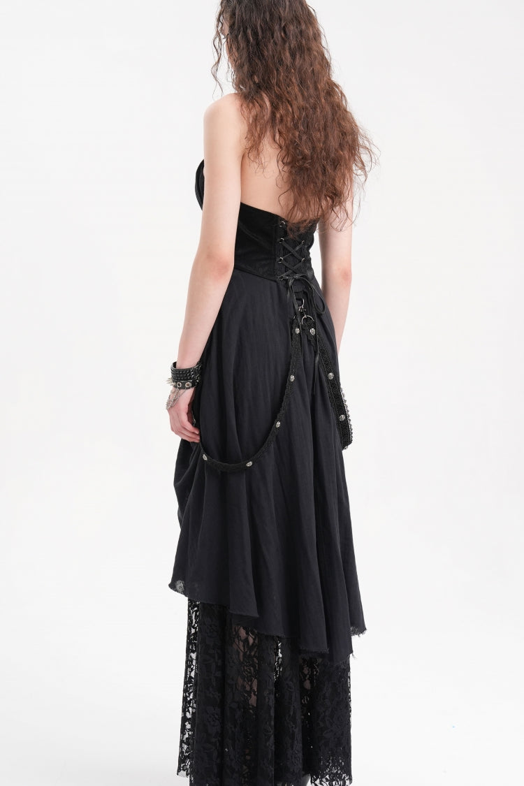 Alluring Black Hollow Lace Halter Gothic Strap Maxi Gown