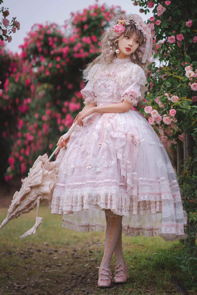 Ivory and Pink Sunset Realm Short Sleeve Printed Ruffled Hanayome Bow Lace Gorgeous Sweet Lolita Dress Set