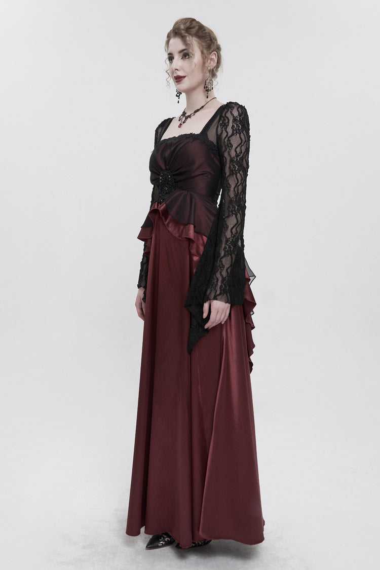 Scarlet Satin Floor-Length Gothic Dress with Pointy Sleeves and Back Zip