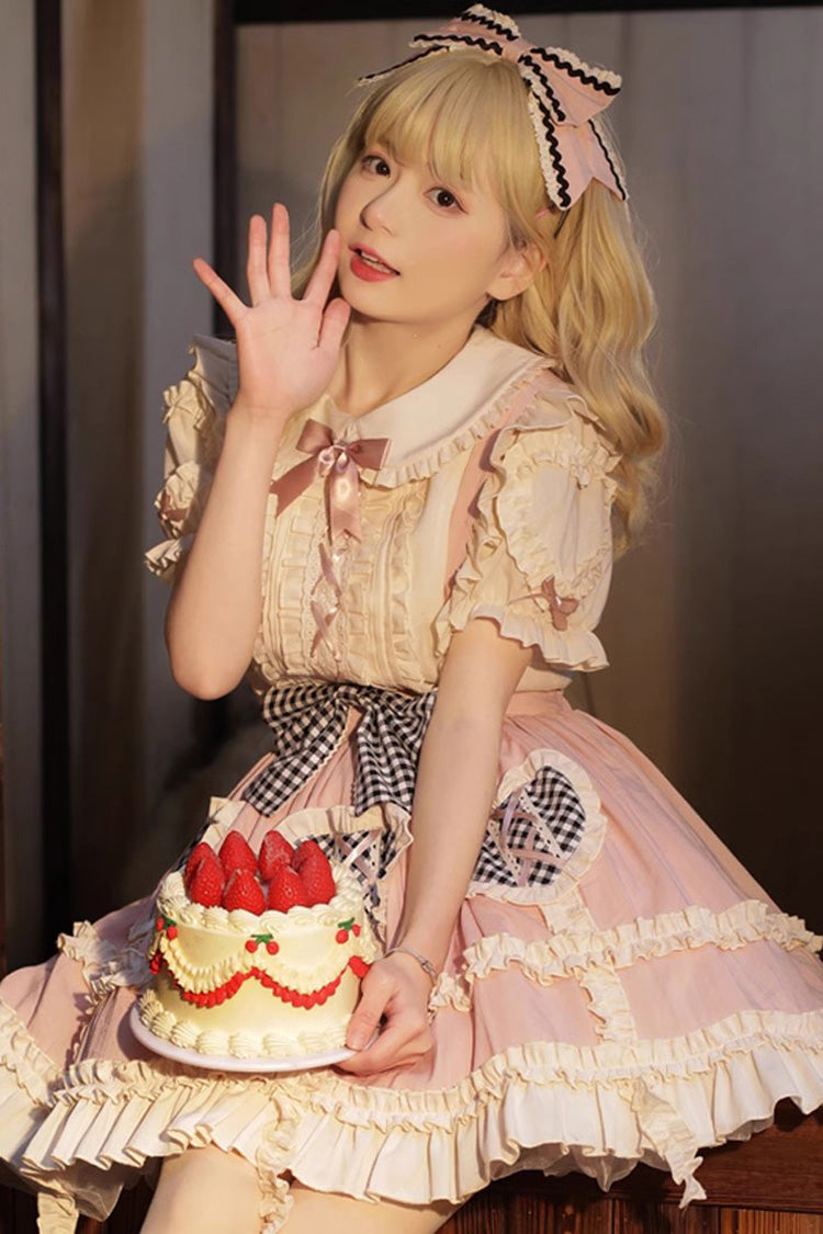 Pink Heart-Print Ruffled Strap Dress with Bowknot