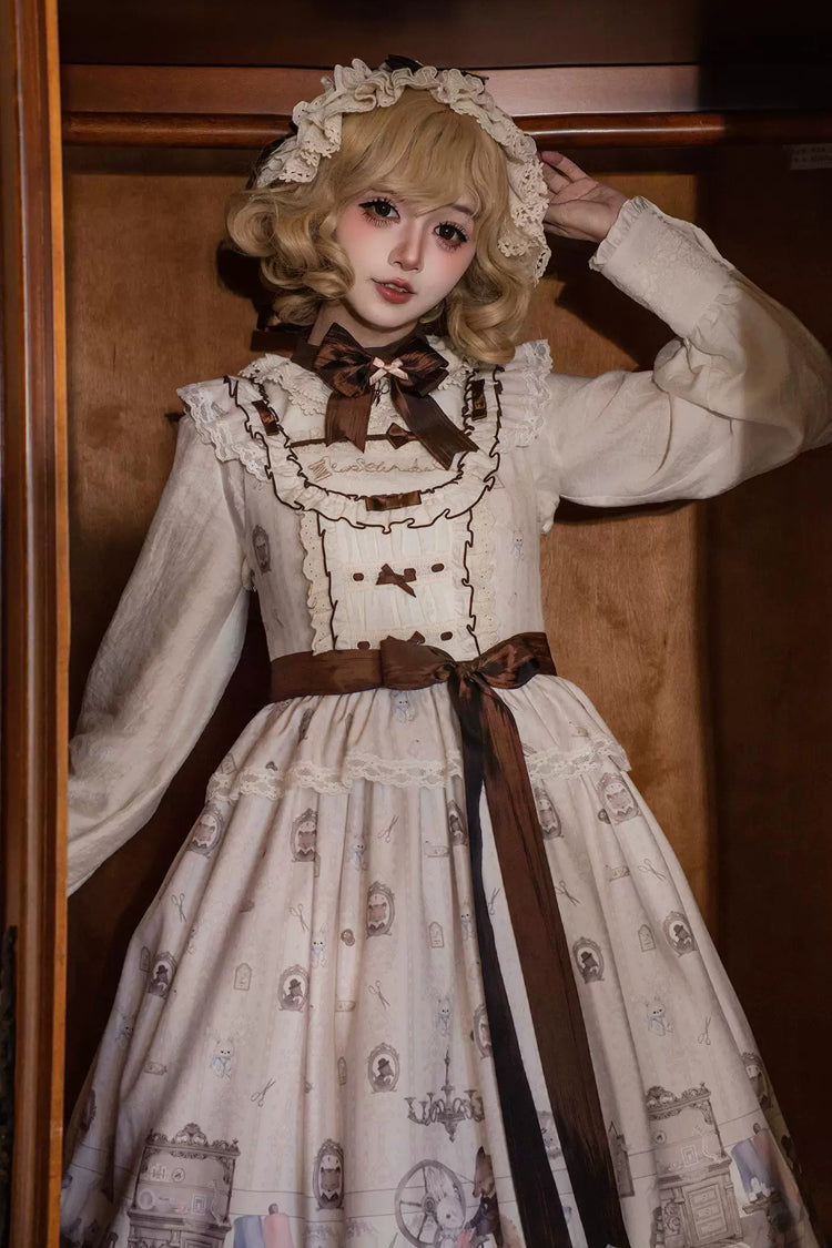 Cream Forest Tailor Shop Square Collar Printed Bow Frilled Sweet Lolita JSK Dress