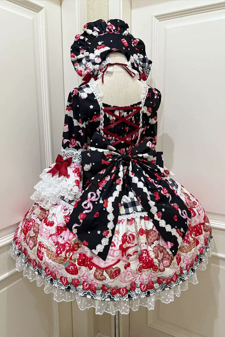 Black/Red Sweet Lolita OP Dress Half Sleeves Bow Lace Lace-Up - Sweet Berry Bunny Bear