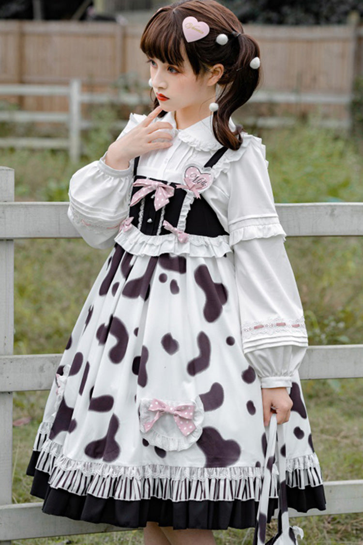 Black/White Sweet Lolita Jsk Dress High Waist Ruffled Milk Pudding Printed - Altfashion Shop