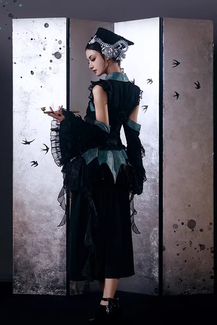 Sky Dragon Chinese Gothic Lolita Embroidered Skirt Set with Print