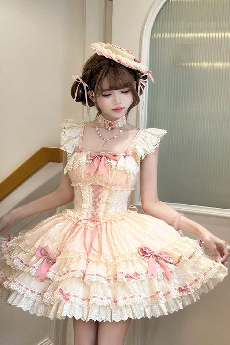 Apricot Sweet Ballet Lolita JSK Dress with Double-Layer Ruffles Bowknot Lace-Up and Lace