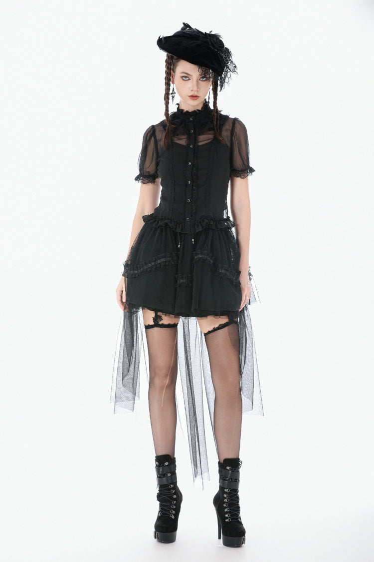 Courtly Gothic Blouse with Puff Sleeves and Lace, Black