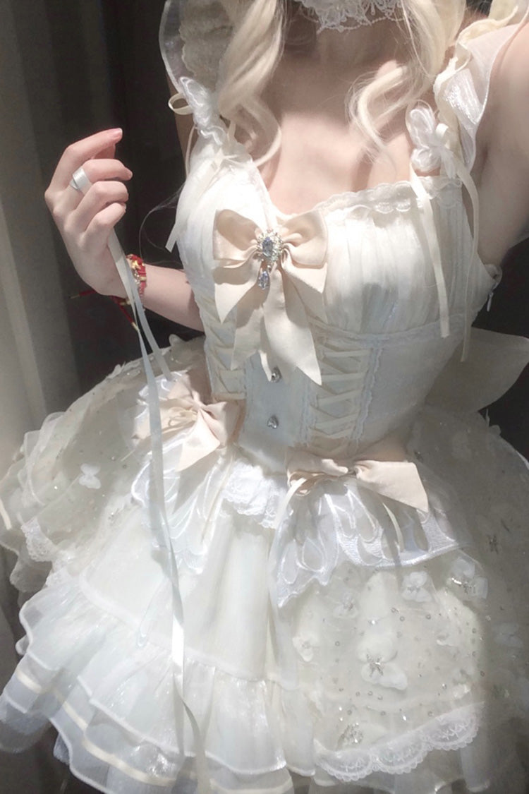 Cream First Love Multi-Layer Frilled Bow Lace-Up Elegant Princess Sweet Lolita JSK Dress