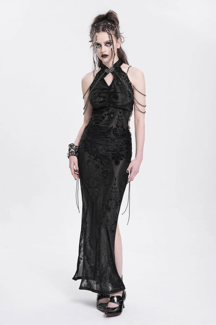 Stylish Black Cheongsam Collar Side Slit Embroidered Sleeveless Halter Gothic Dress