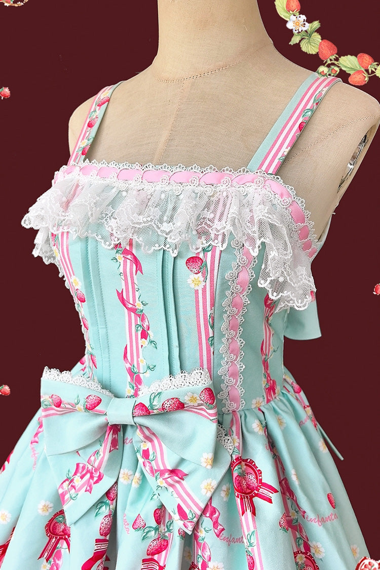 Sleeveless Bowknot Lace Sweet JSK with Print - Strawberry Chef