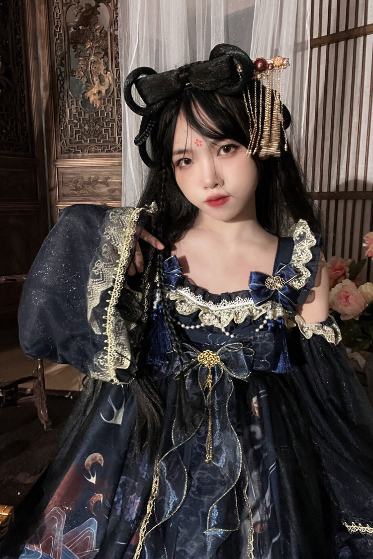 Classic Chinese Princess JSK Dress with Fox Print and Ruffled Bow - Nine-tailed Fox, 2 Tones