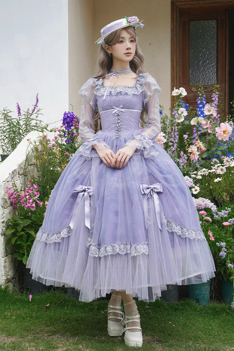 Amethyst Bow-Trimmed Lace Ruffled Long-Sleeve Gothic Dress