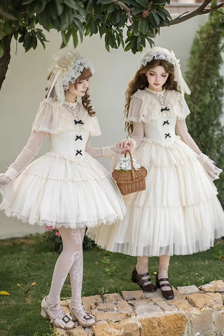 Elegant Sweet Lolita Dress with Edwardian Collar and Ruffled Bow - Ivory