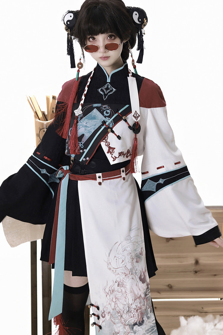 Multi-Color Asymmetric Chinese Ouji Skirt with Demon Print - Walking With The Demon