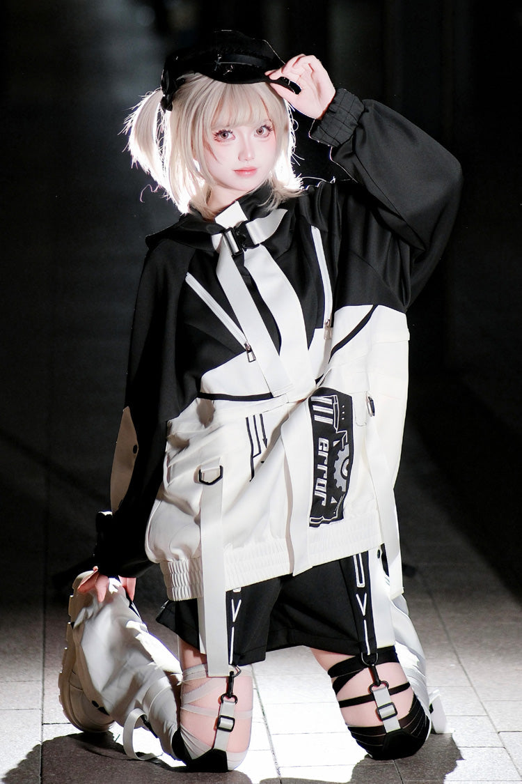 Black/White Zero-Type Transformation Techwear Long Sleeves Embroidered Hooded Punk Jirai Kei Shorts Coat Set