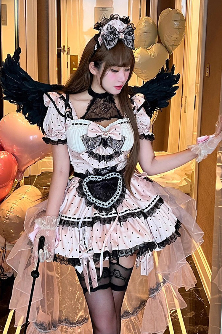 Pink Halterneck Short Sleeve Print Ruffle Bow Maid Dress