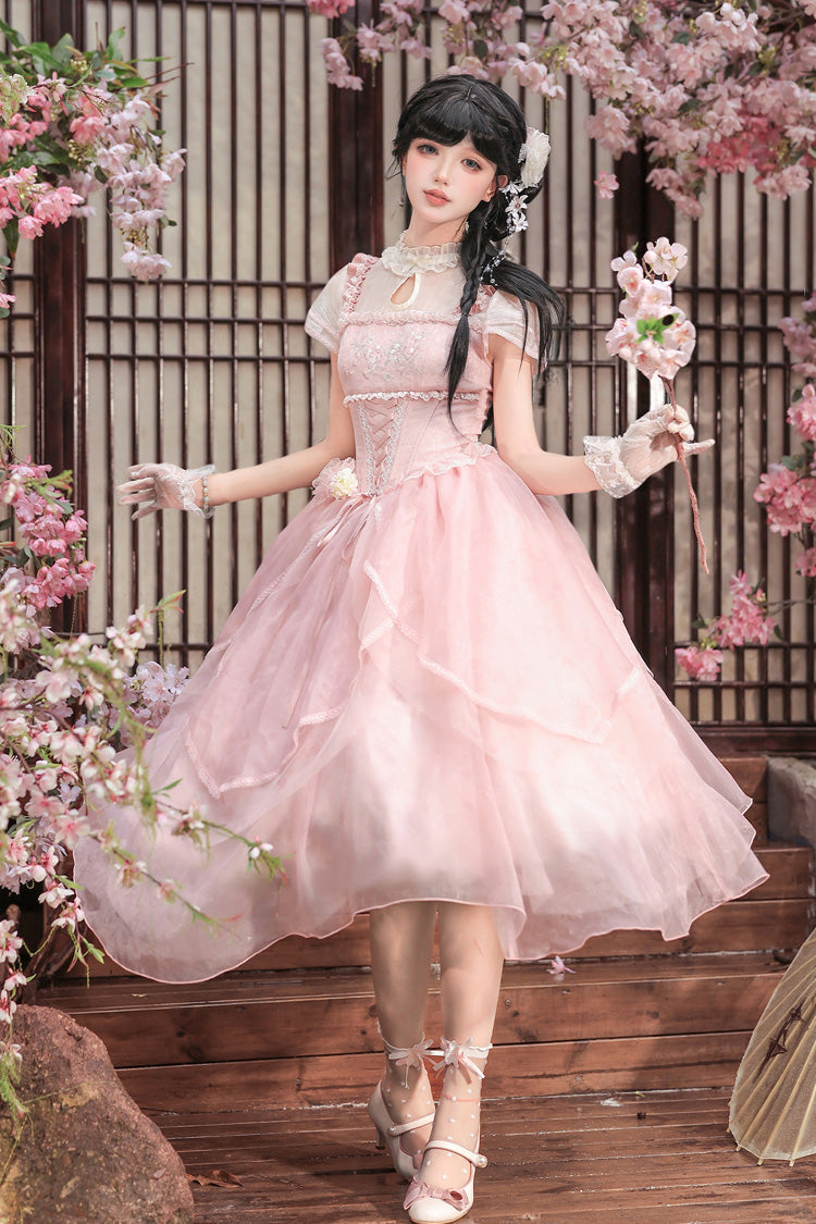 Fragrance Stand Collar Short Sleeves Multi-Layered Printed Ruffled Bow Lace Irregular Chinese Style Sweet Lolita Dress 2 Colors - Green/Pink
