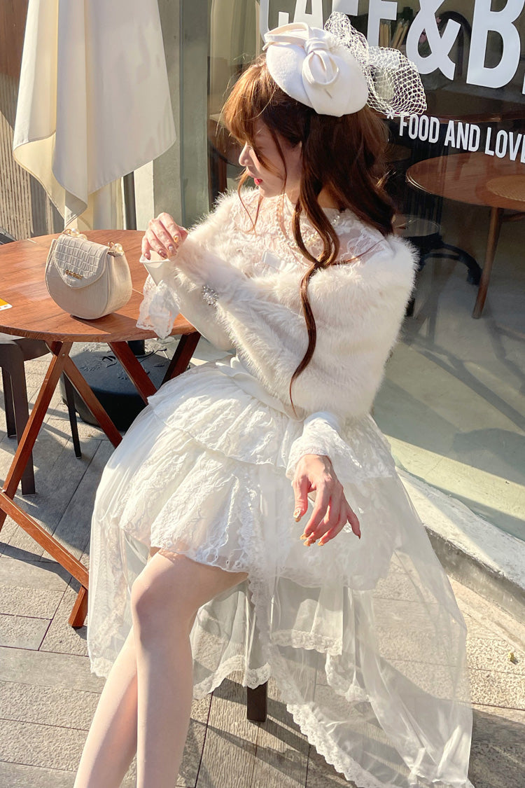 Ivory Long Sleeve Lace Irregular Sweet Skirt Set