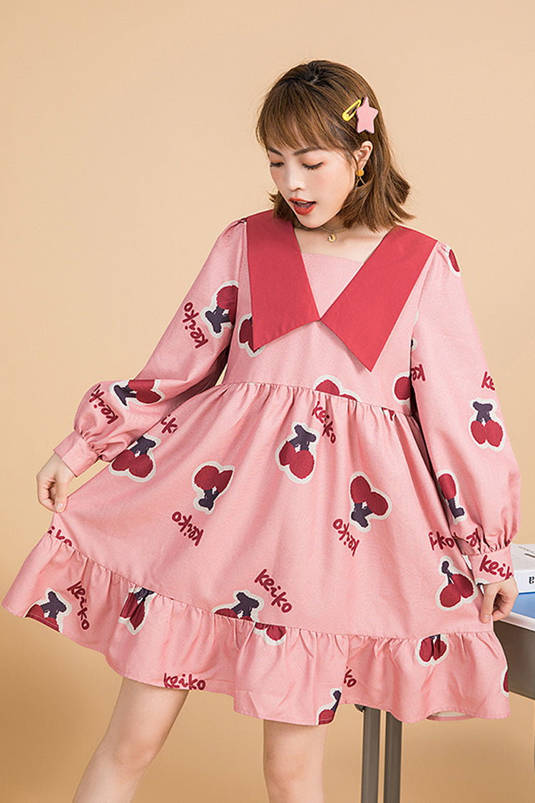 Pink Sweet Lolita Dress with Cherry Print, Lapel Collar and Ruffles - Altfashion Shop