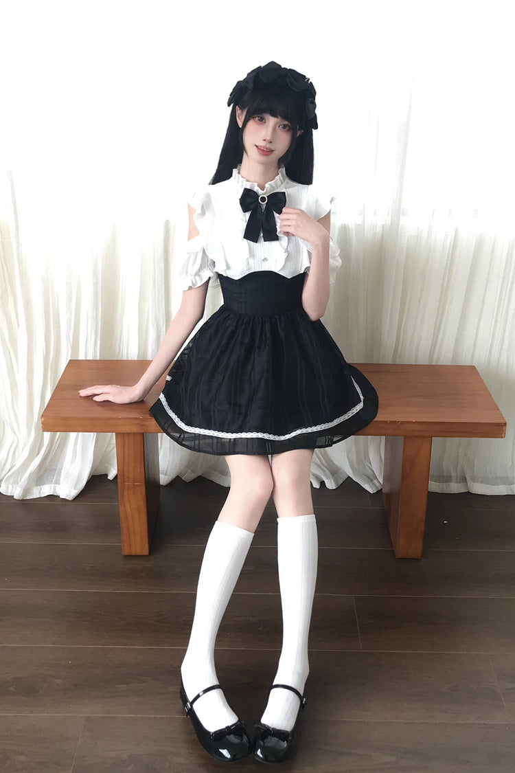 Moonlit Poem Stand Collar Off Shoulder Short Sleeves High Waisted Ruffled Bow Lace Sweet Princess Lolita Dress - Black/White