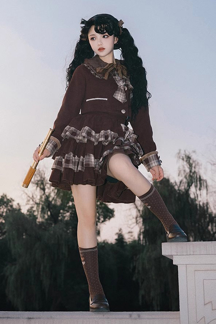 Chocolate Multi-Layer Bowknot College Autumn-Winter Princess Sweet Lolita Skirt Set