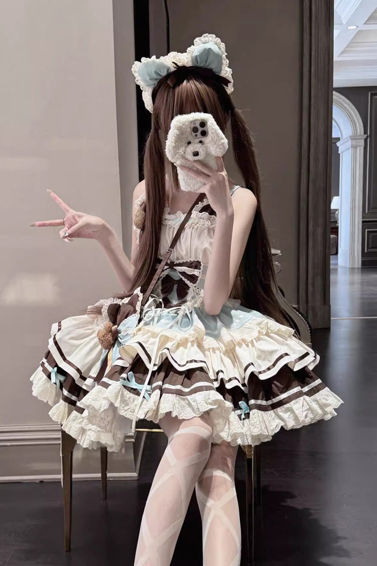 Green and Chocolate Sweet Lolita JSK Dress with Multi-Layered Ruffle and Bowknot