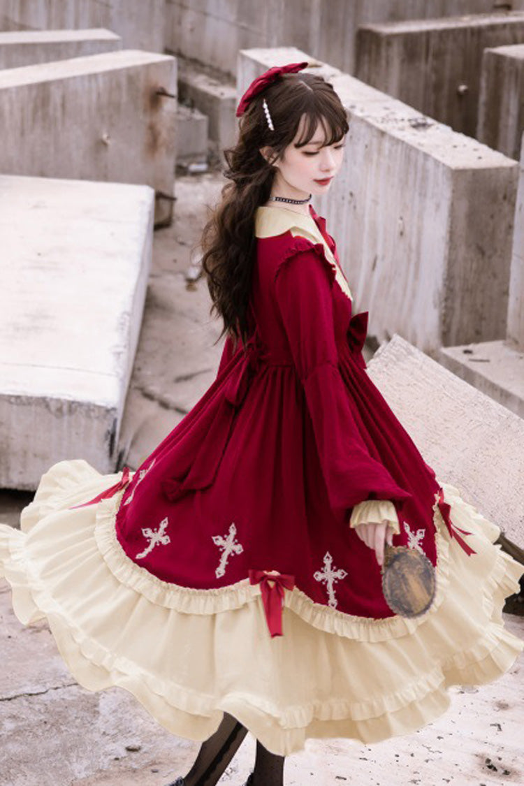Dark Girl Gothic Lolita OP Dress with Doll Collar and Embroidered Cross - Altfashion Shop
