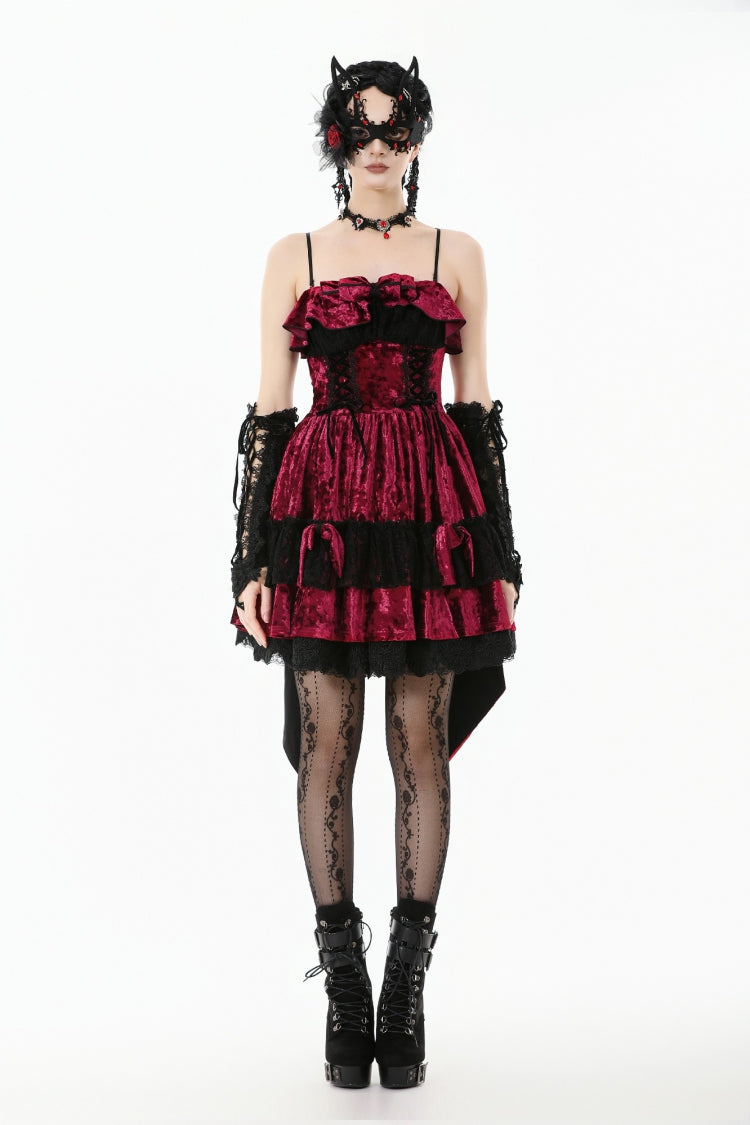 Wine Red Corset Lace-Up Velvet Irregular Tail Lolita Gothic Mini Dress