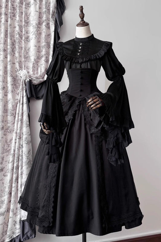 Black Sleepwalking Long Hime Sleeves Stitching Lace Plus Size Elegant Gothic Skirt Set