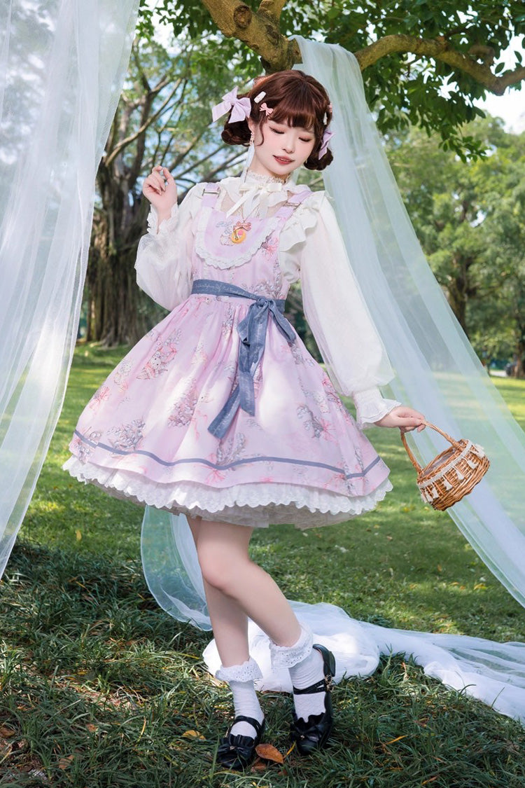 Sleeveless Print Ruffle Daily Sweet Lolita Strap Dress Pink