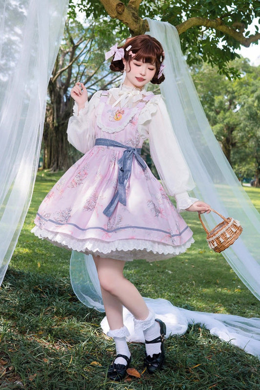 Sleeveless Print Ruffle Daily Sweet Lolita Strap Dress Pink