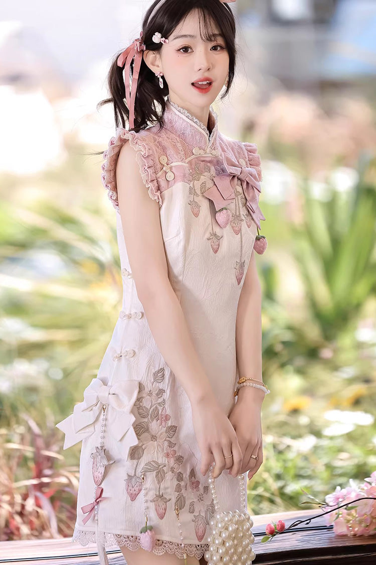 Ivory and Pink Spring Strawberry Stand Collar Ruffled Embroidered Lace Color-Blocked Chinese Sweet Lolita Cheongsam