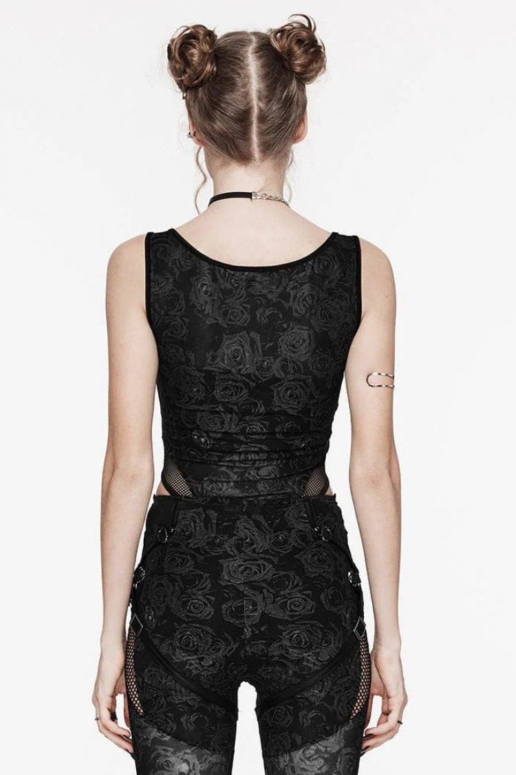 Sleeveless Lace Mesh Sheer Steampunk Bodysuit with Print