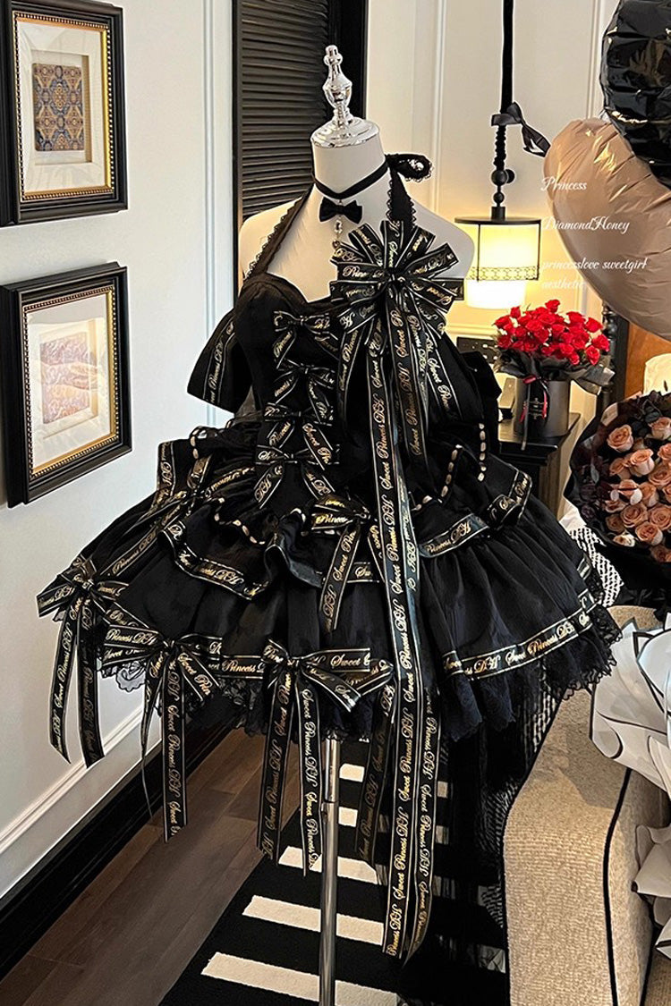 Halterneck Sleeveless Multi-Layered Ruffled Bow Elegant Princess Gothic Dress