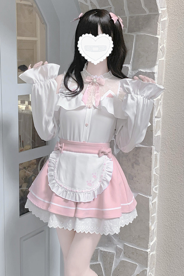 Pale Pink & White Off-Shoulder Long-Sleeve Ruffled Bow Lace Jirai Kei Skirt