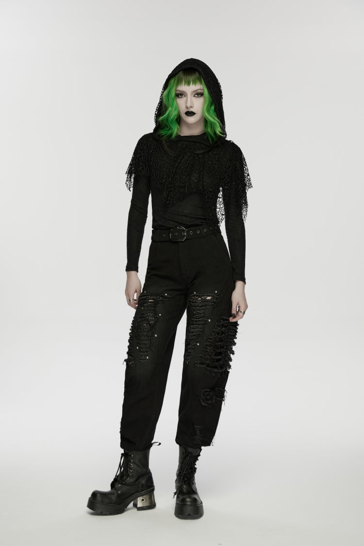 Decadent Denim Pants with Rips and Eyelets for Women