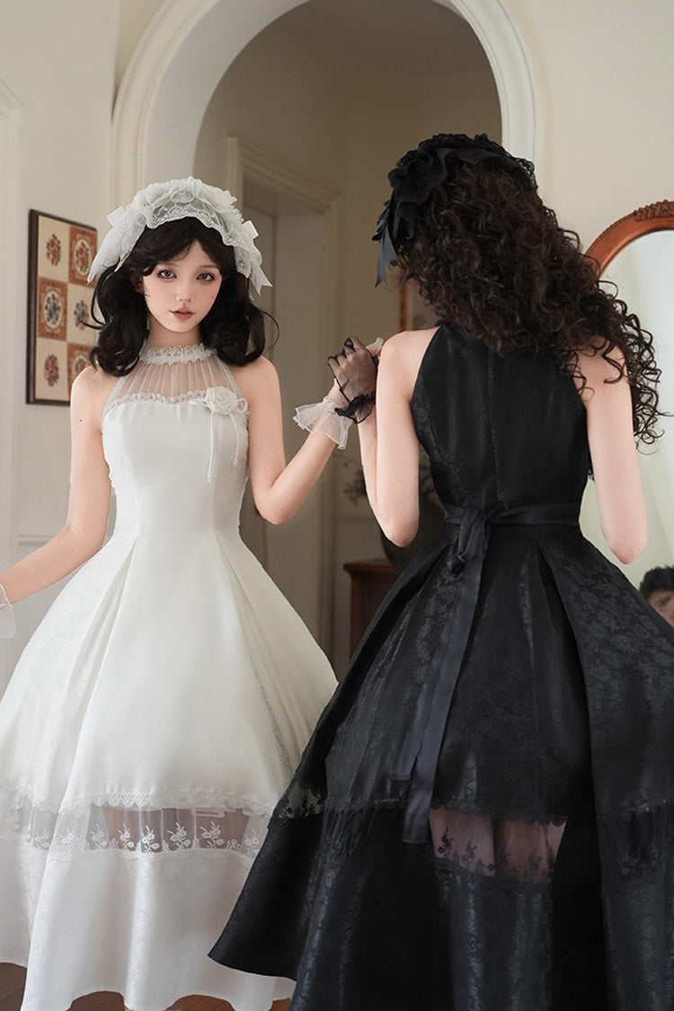 Ivory Off Shoulder Halter Print Ruffle Gothic Elegant Dress
