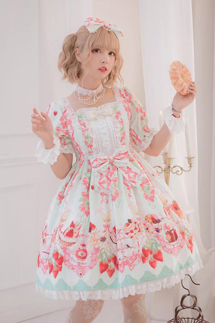 Short-Sleeve Ruffled Bow Sweet Dress with Print - Strawberry Feast