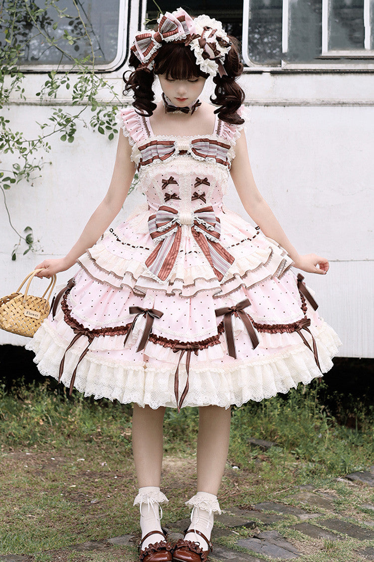 Sleeveless Print Ruffle Bow Lace-Up Sweet Elegant Lolita Jumper Dress - Pink