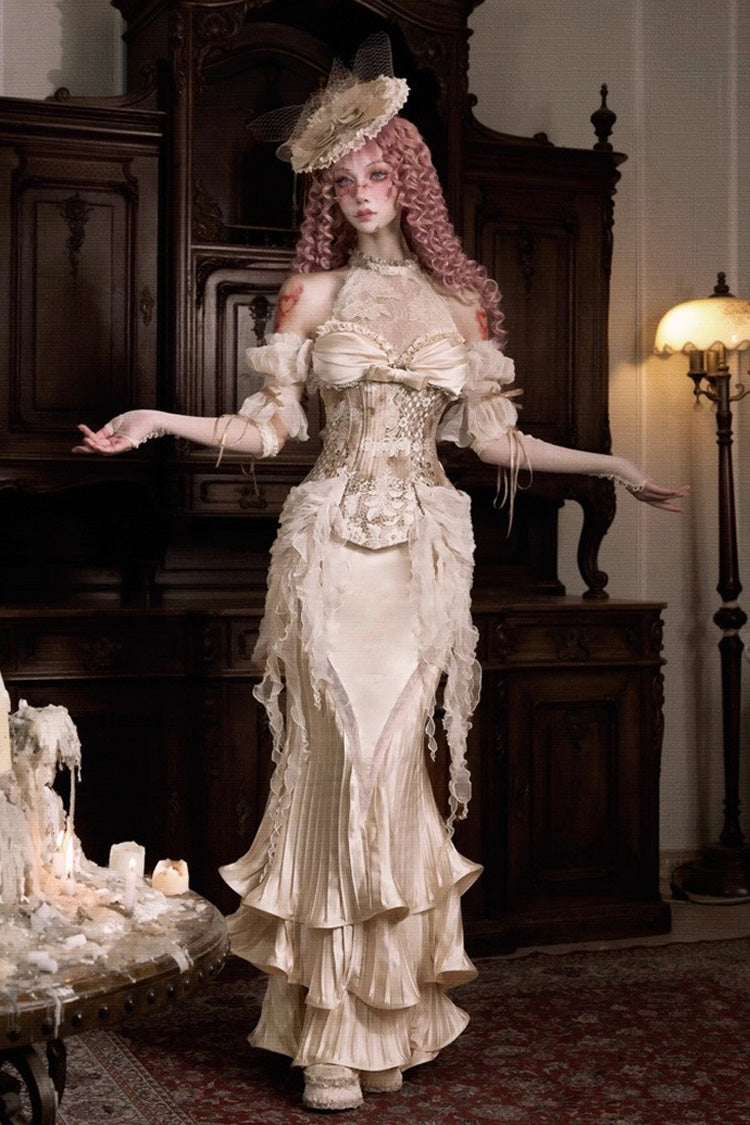 Golden Cupid’s Poetry Box Halterneck Ruffled Embroidered Bow Lace Slim Fishbone Gothic Lolita Top and Skirt Dress Set