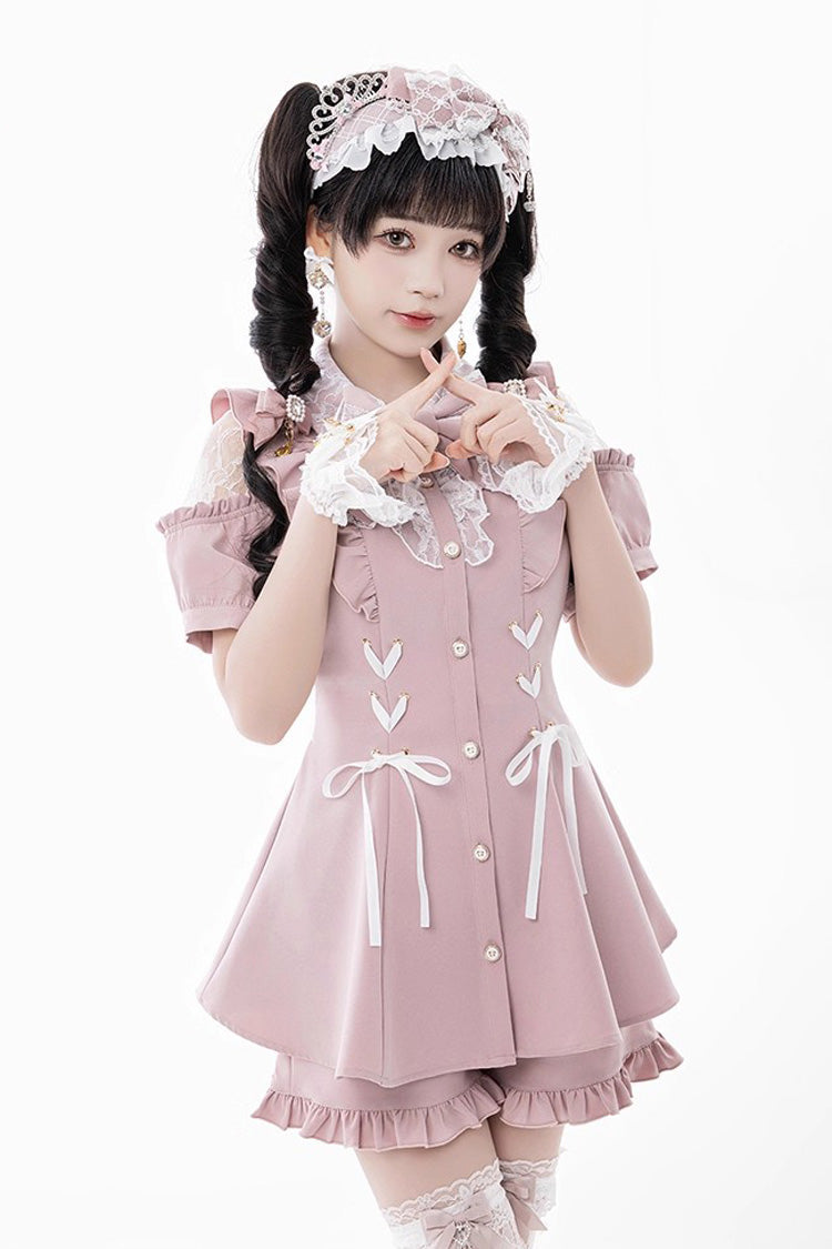 [Alice of Wednesday] Sweet Off Shoulder Short Sleeves Ruffle Bowknot Lace-Up Japanese Jirai Kei Dress Shorts Set 3 Colors