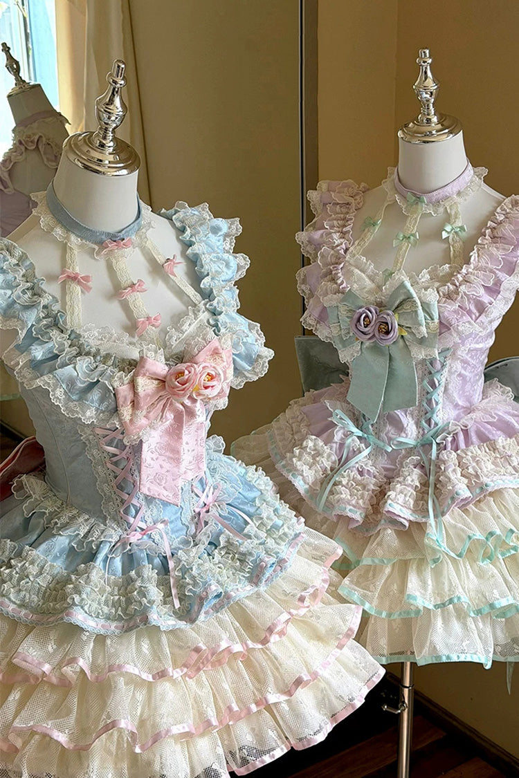 Sweet Ballet Lolita JSK Dress with Ruffled Bowknot and Rose Lace - Blue